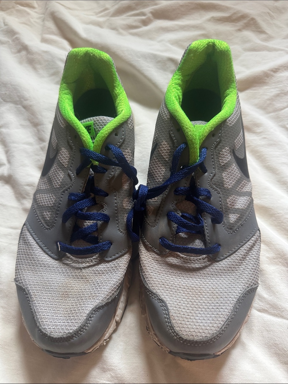Nike Kids Gray Sneakers with Neon Green Interior and Blue Laces